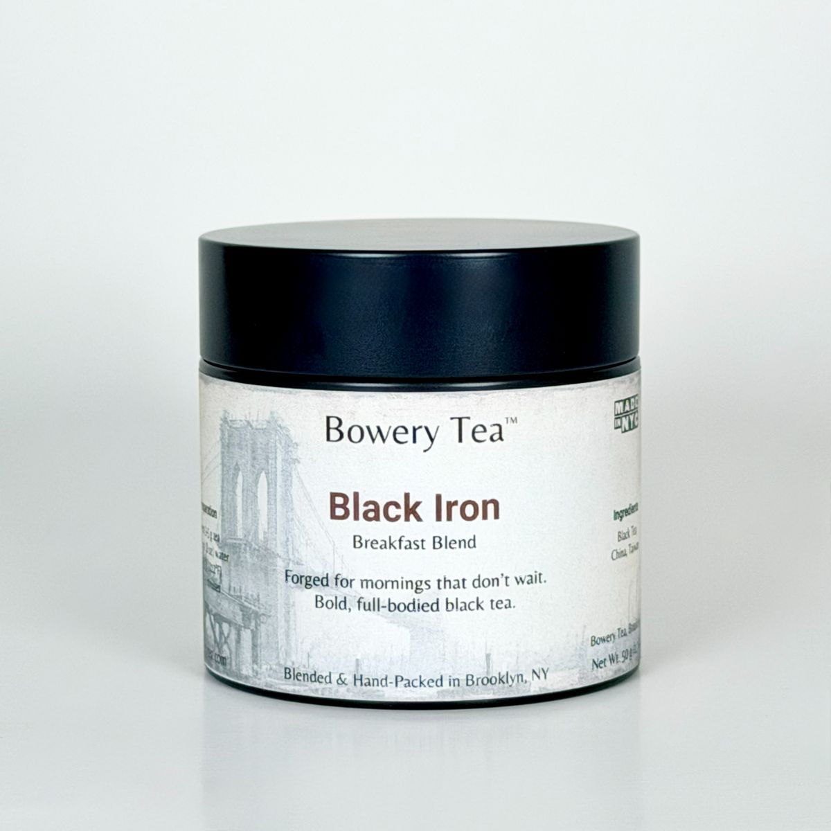 black iron bowery tea blend in a can