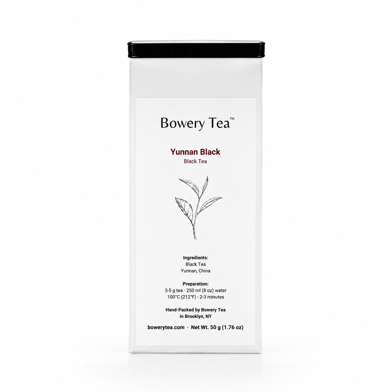 Bowery Tea Yunnan Black tea package on a white background