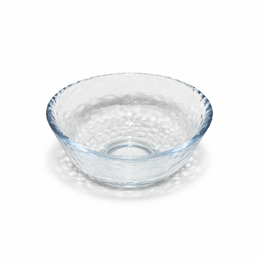 Top view of handmade Edo glass matcha bowl showing wide whisking surface