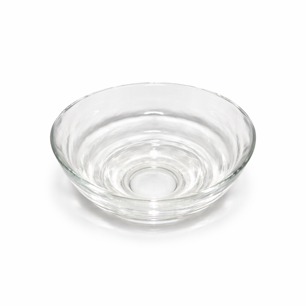 Top view of Tsugaru Vidro handmade glass matcha bowl showing wide whisking surface