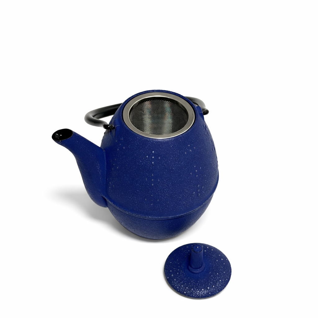Open Tsukikage Japanese cast iron teapot showing enamel interior and tea infuser basket