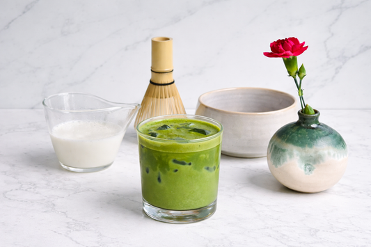 iced ceremonial matcha latte  whisking matcha in bowl  matcha latte recipe steps