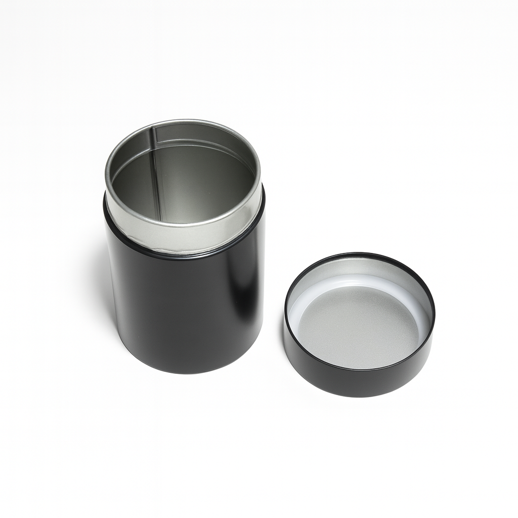 Interior of tea storage canister showing metal lining and inner lid for freshness protection