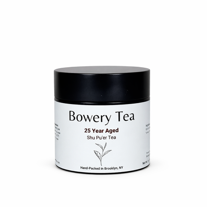 bowery tea aged shu pu erh tea 25 year loose leaf dark tea china black tin