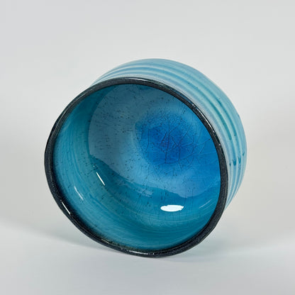 Top view of Azure Horizon Japanese matcha bowl with bright blue glazed interior for whisking matcha