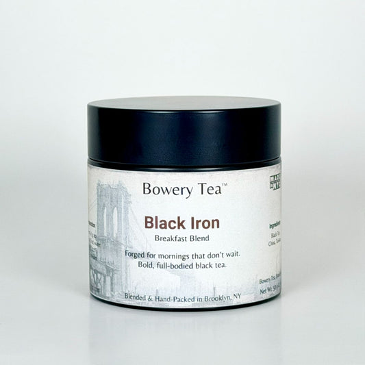black iron bowery tea blend in a can
