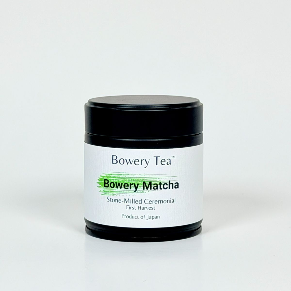 Jar of Bowery Tea Matcha on a white background