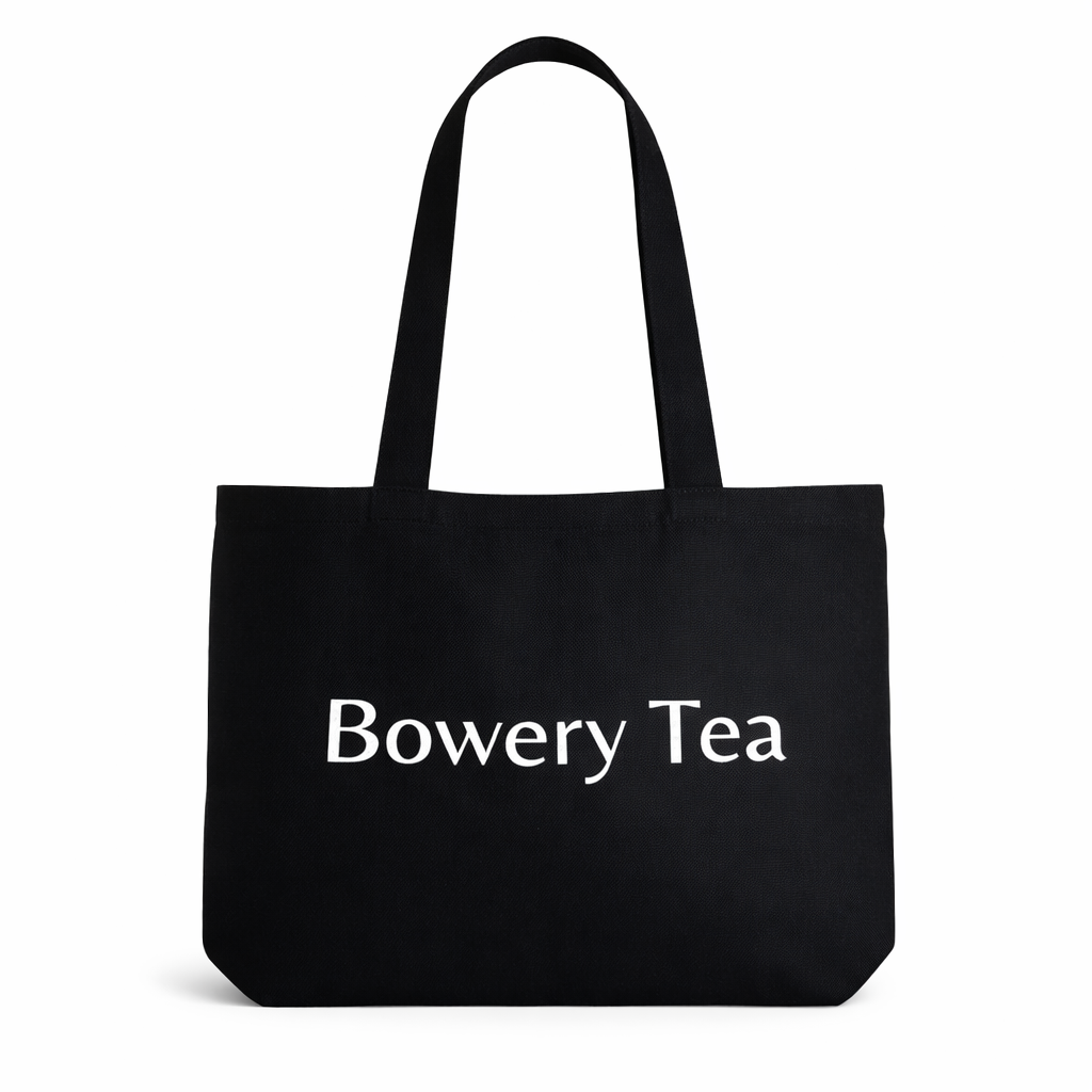Black cotton canvas tote bag with Bowery Tea logo minimalist everyday carry bag