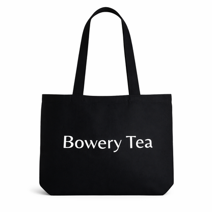 Black cotton canvas tote bag with Bowery Tea logo minimalist everyday carry bag