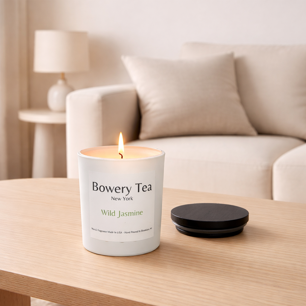 Bowery Tea Wild Jasmine scented candle lit in white glass jar with wooden lid beside it