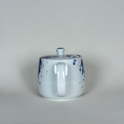 back view of Mino ware porcelain teapot with cobalt blue pattern miyama japan