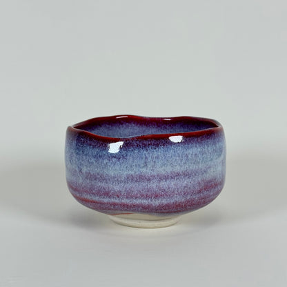 Handmade Japanese matcha bowl with crimson rim and lavender blue gradient glaze ceramic chawan