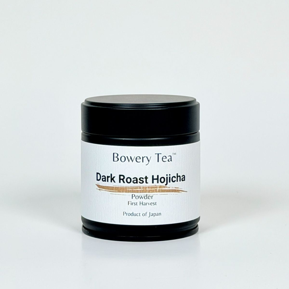 Jar of Bowery Tea Dark Roast Hojicha on a white background