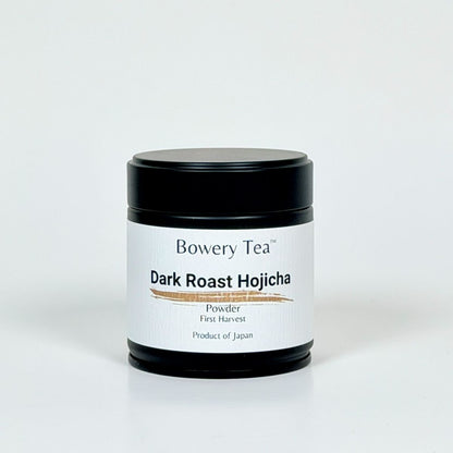Jar of Bowery Tea Dark Roast Hojicha on a white background