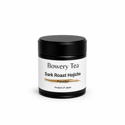 Bowery Tea dark roast Hojicha in a black can