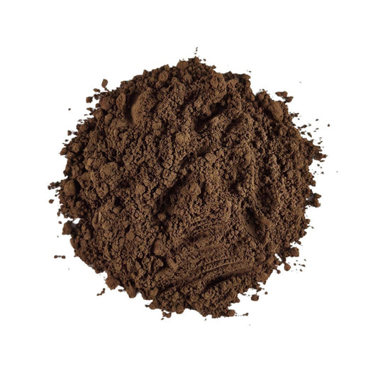 Dark roast hojicha powder with a deep roasted-brown color and fine, smooth texture.