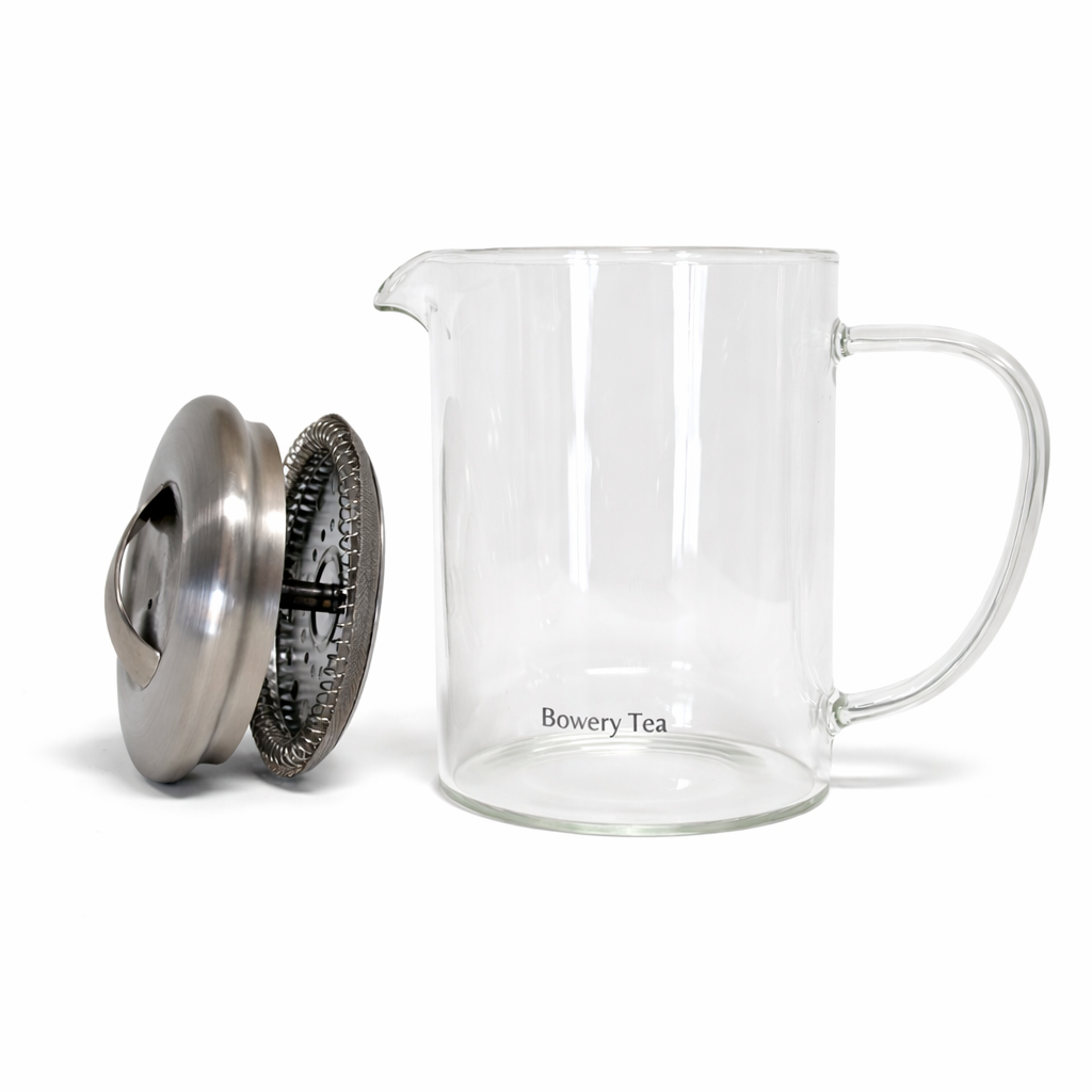 Stainless steel infuser inside Bowery Tea glass teapot