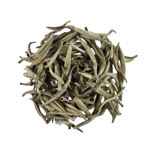 Loose Imperial Silver Needle white tea buds from Jinggu, Yunnan