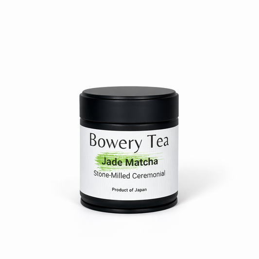 bowery tea jade matcha ceremonial grade green tea powder japan black tin
