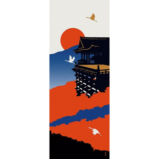 Japanese tenugui cotton cloth featuring an Evening Sun design with traditional Japanese landscape and red sun motif