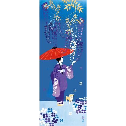 Japanese tenugui cotton cloth with kimono woman and wisteria design