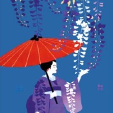 Japanese tenugui cotton cloth with kimono woman and wisteria design