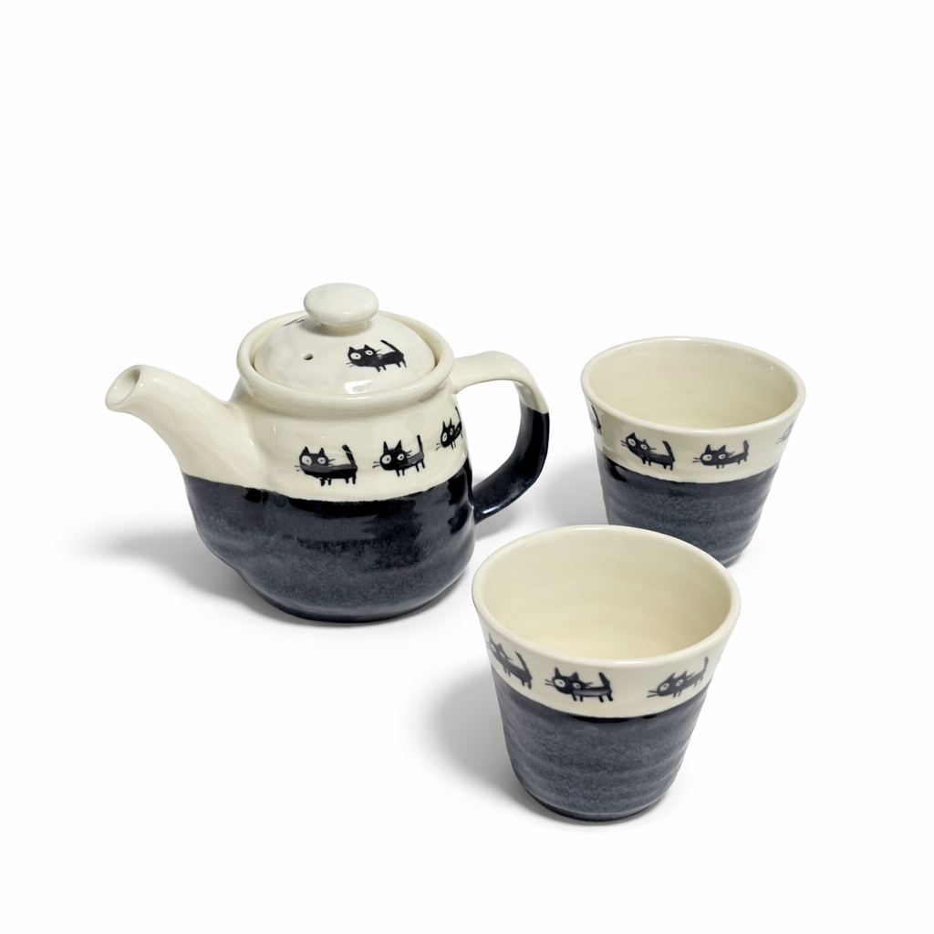 Japanese porcelain teapot and teacup set with black cat illustrations kuroneko tea set