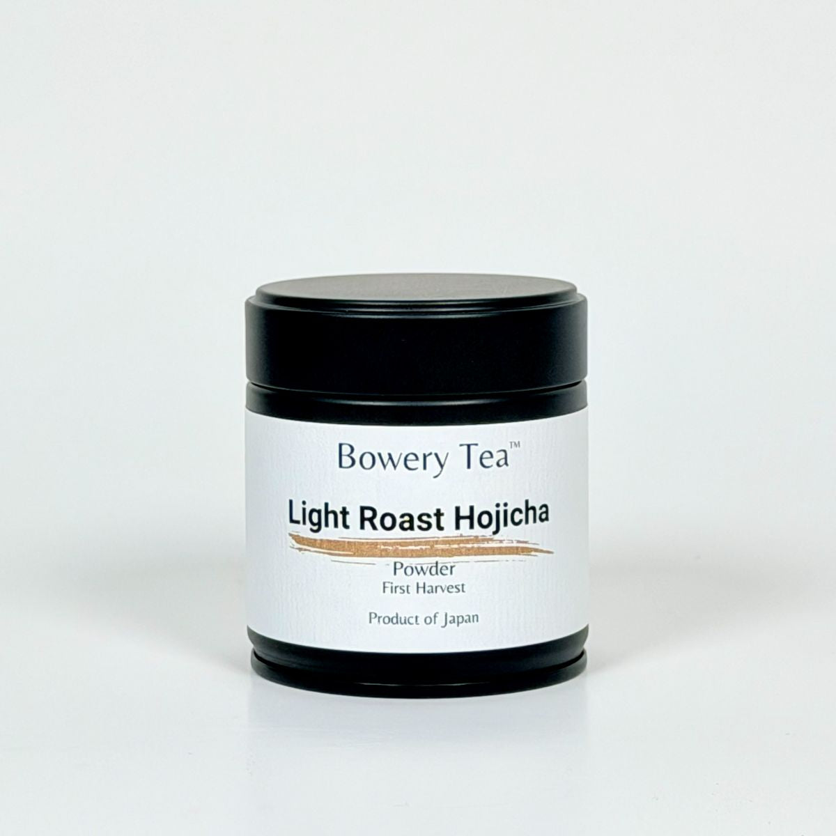 Jar of Bowery Tea Light Roast Hojicha on a white background
