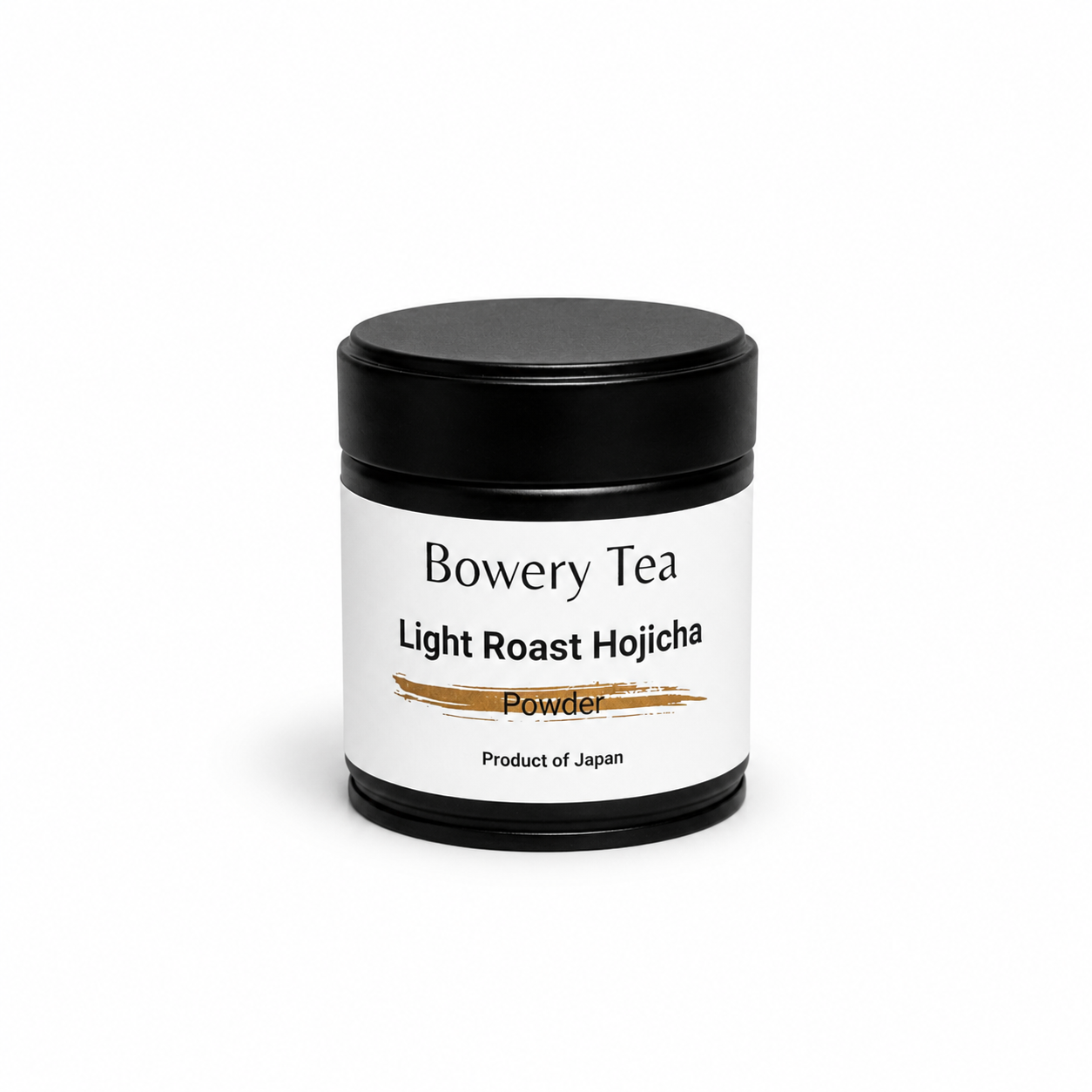 Bowery Tea light roast Hojicha in a black can