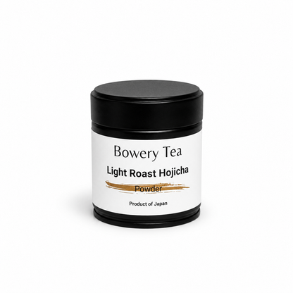 Bowery Tea light roast Hojicha in a black can