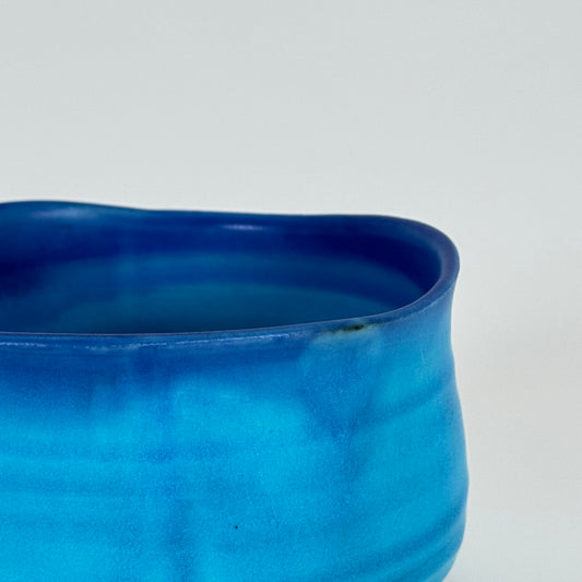 Detail of Ocean Blue Japanese matcha bowl showing turquoise to indigo gradient glaze
