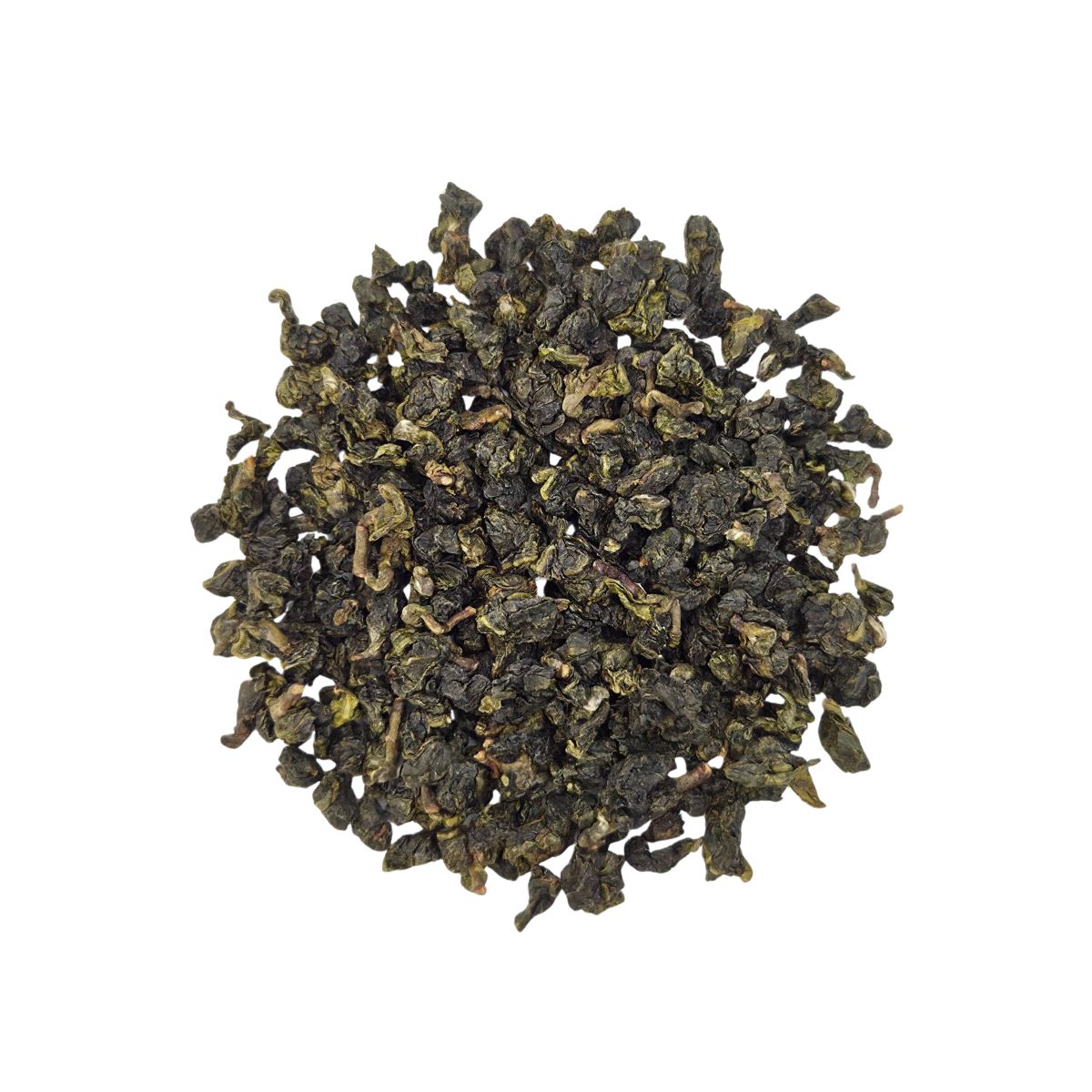 Partially oxidized oolong tea leaves with a rolled and textured appearance