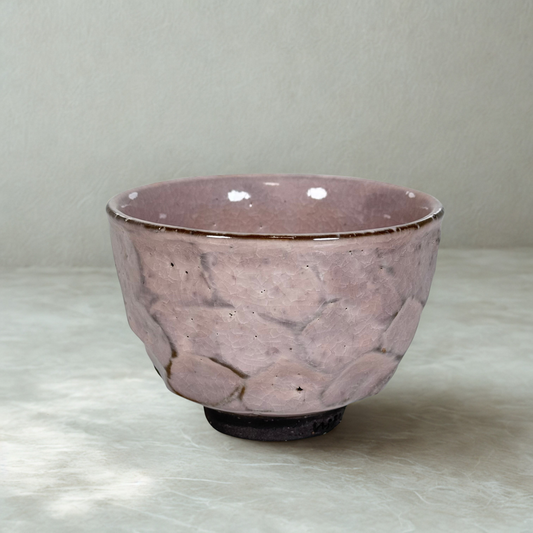 Handmade Japanese matcha bowl with cracked pink sakura glaze textured ceramic chawan