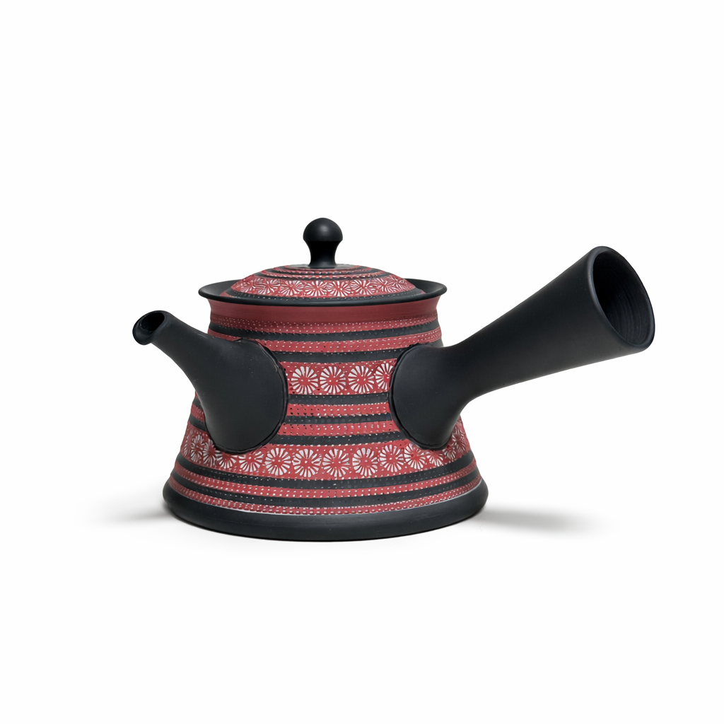 Japanese kyusu teapot with red sakura pattern and black side handle ceramic teapot