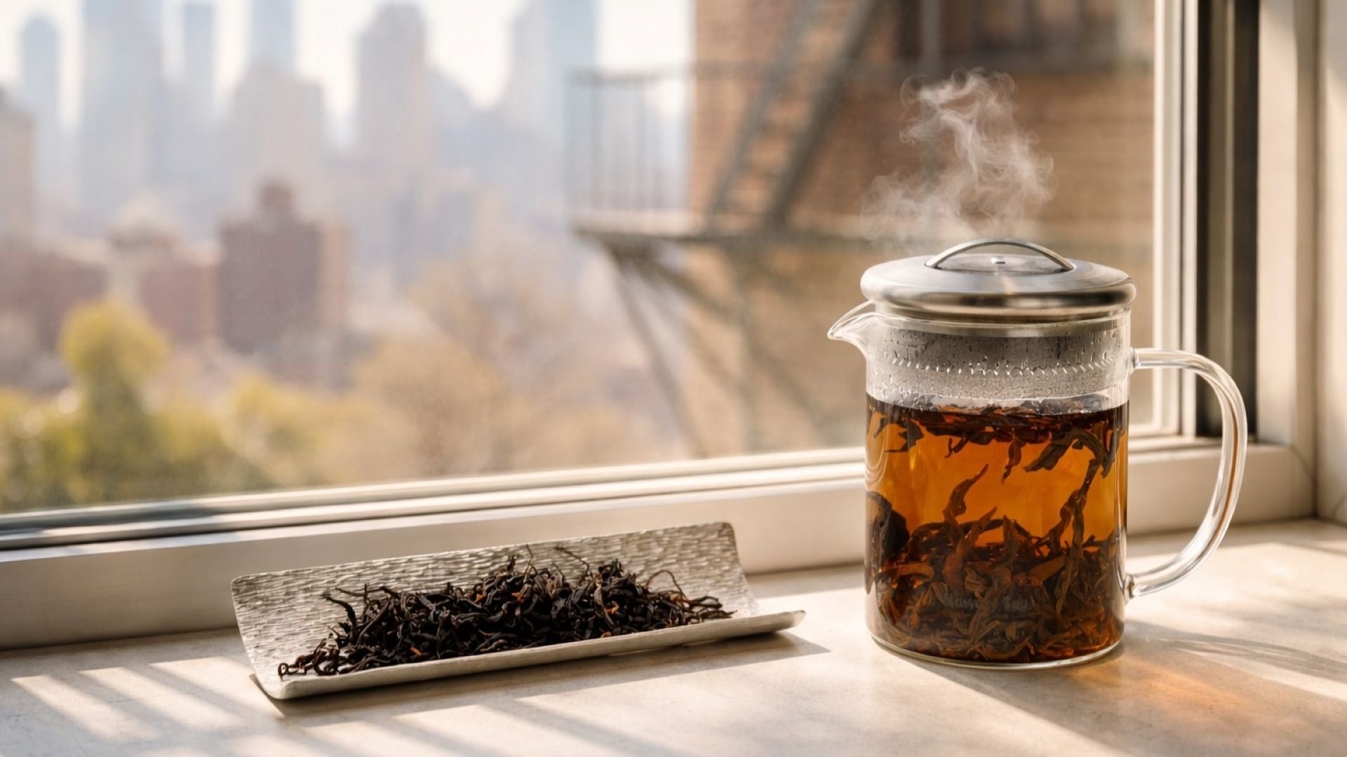Glass teapot with loose leaf tea steeping by a window, illustrating brewing techniques and timing