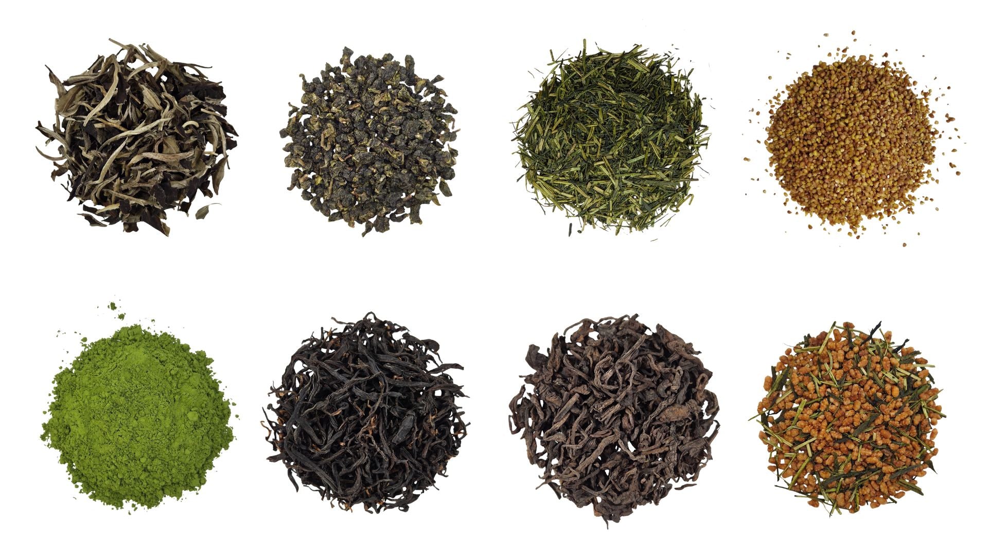 Assortment of loose leaf teas including white, oolong, green, black, matcha, and herbal varieties arranged in circles