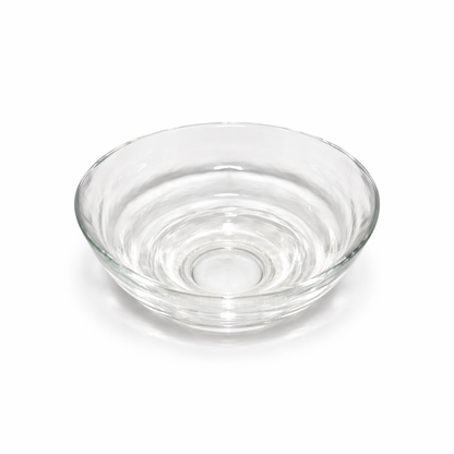 Top view of Tsugaru Vidro handmade glass matcha bowl showing wide whisking surface