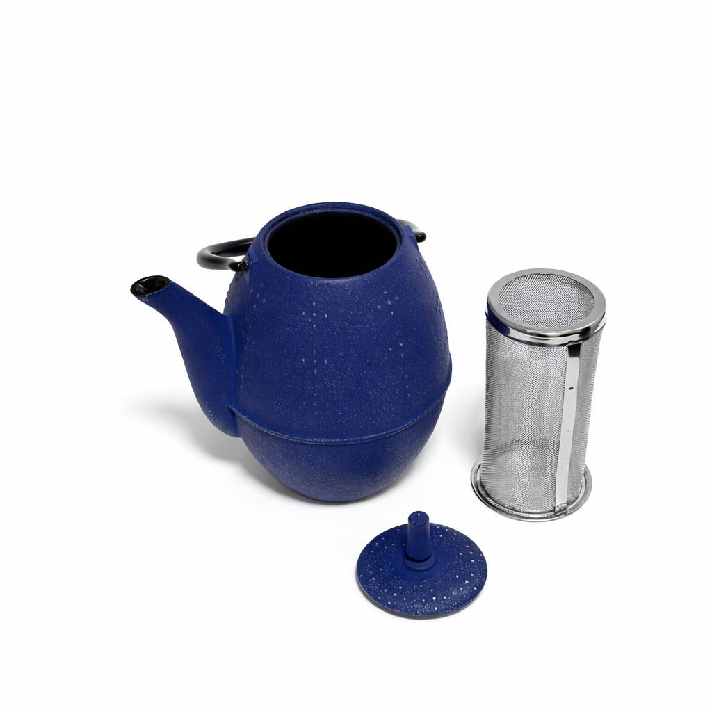 Japanese cast iron teapot with removable stainless steel strainer and lid deep indigo finish