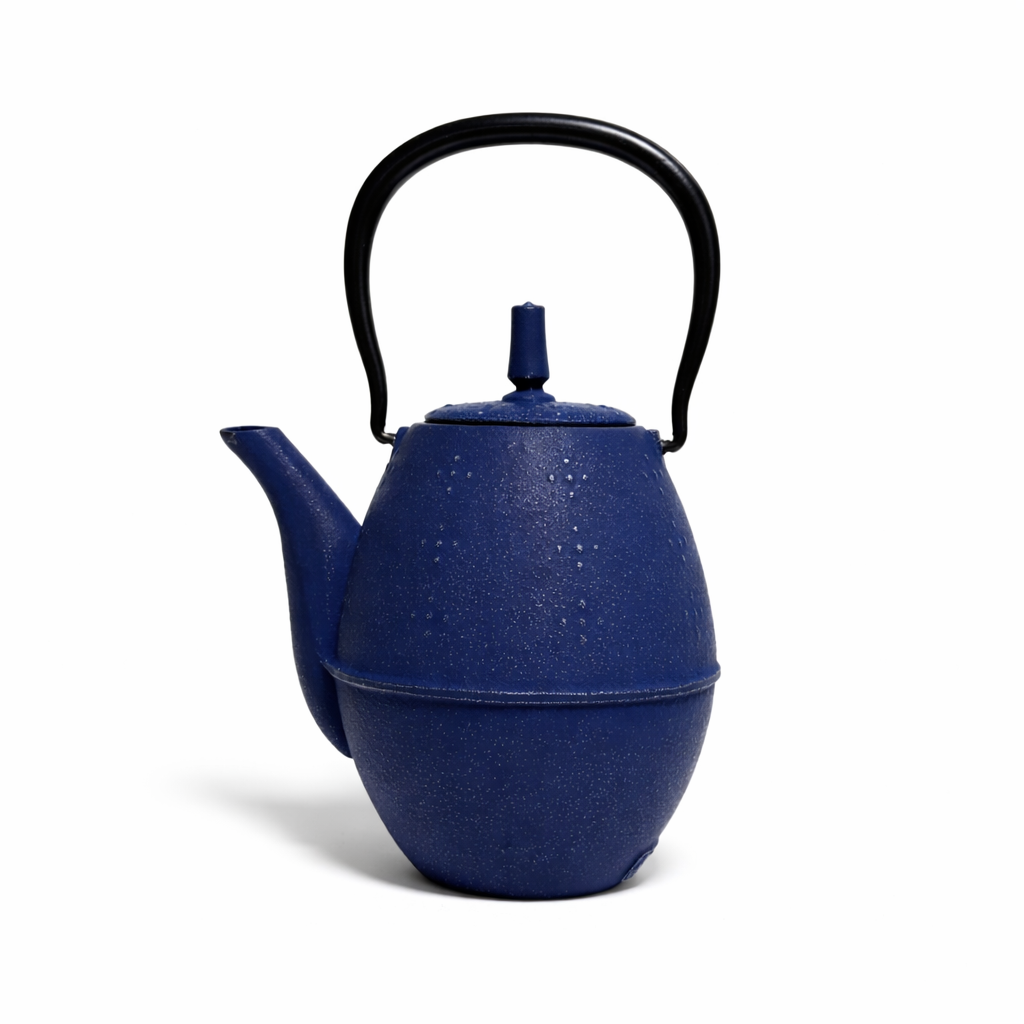 Tsukikage cast iron teapot in deep indigo blue with curved handle Japanese tetsubin style