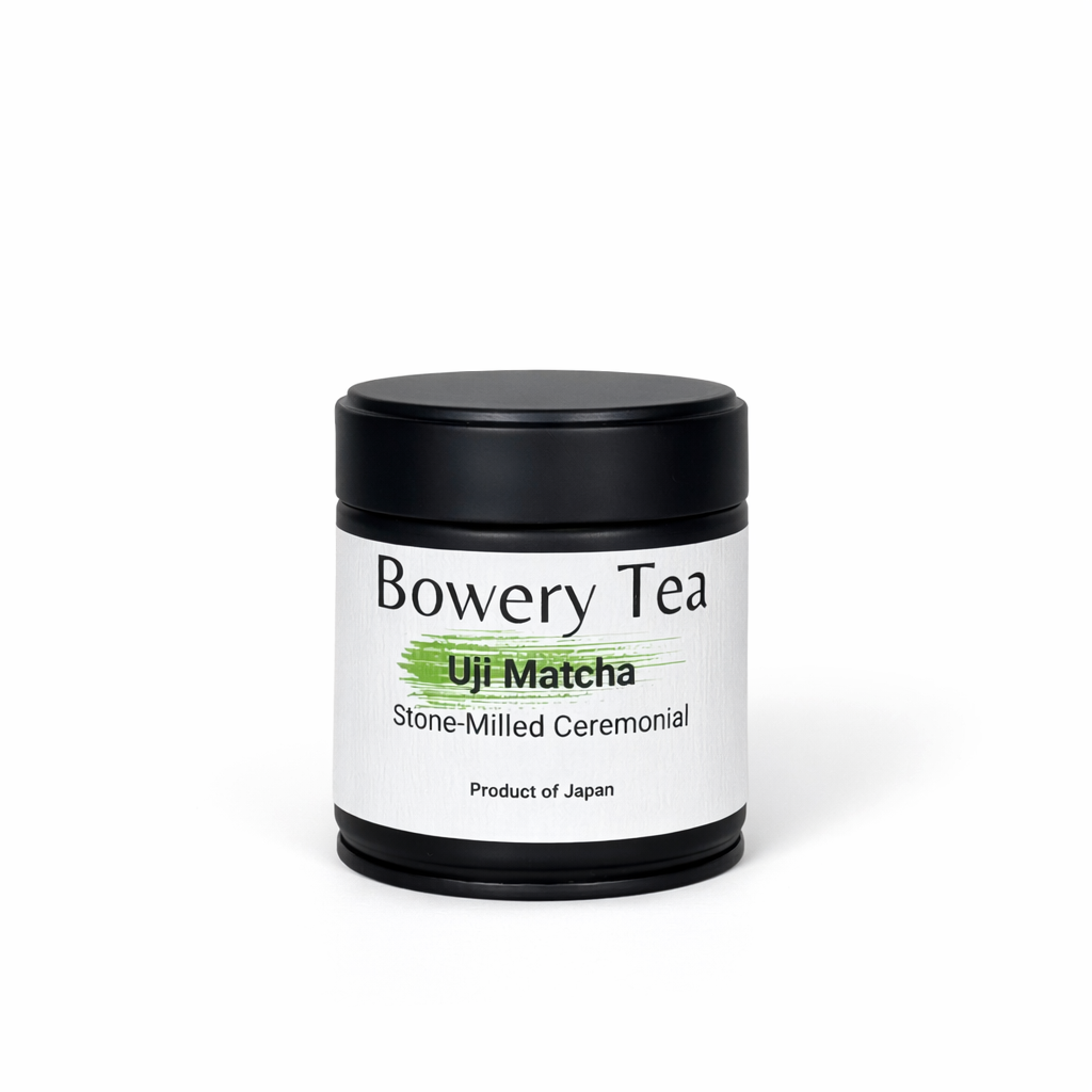 bowery tea uji matcha ceremonial grade green tea powder japan black tin